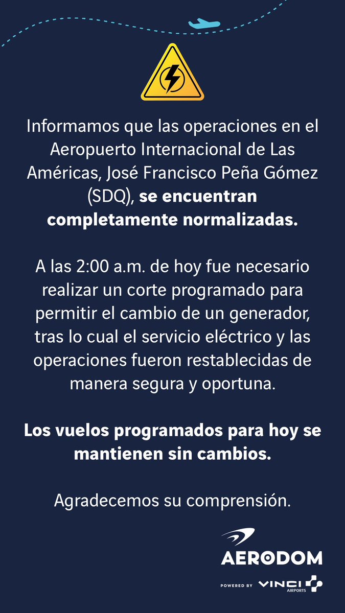 Operaciones en el AILA fueron restablecidas tras segunda interrupción  eléctrica este lunes, según Aerodom