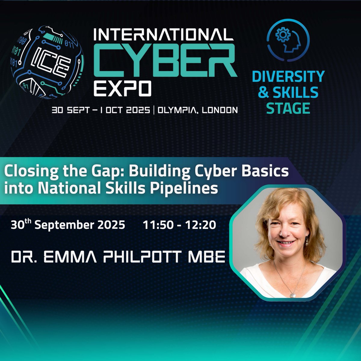 IASME1's tweet image. Join our CEO, Dr. Emma Philpott at @IntCyberExpo 🎤

Talk: Closing the Gap: Building Cyber Basics into National Skills Pipelines
📍 Diversity &amp;amp; Skills Stage
📆 Tue 30 Sept, 11:50–12:20

Register here 👉 international-cyber-expo-2025.reg.buzz/website