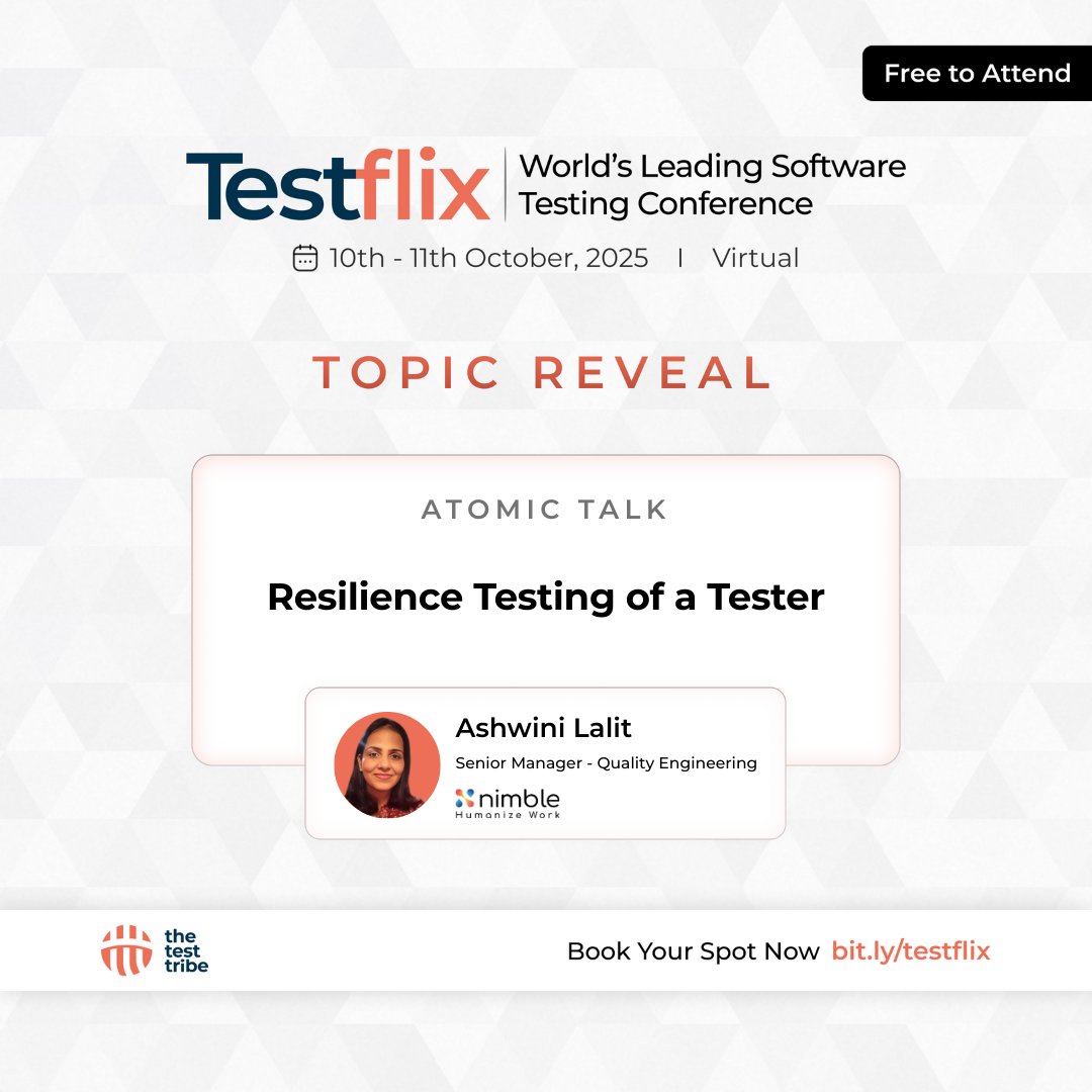 the_test_tribe's tweet photo. Resilience isn’t just for systems, it’s for testers too.

At #Testflix 2025, Ashwini Lalit (Senior Manager – Quality Engineering, NimbleWork) will explore “Resilience Testing of a Tester.” https://t.co/a12jr4iCWS
