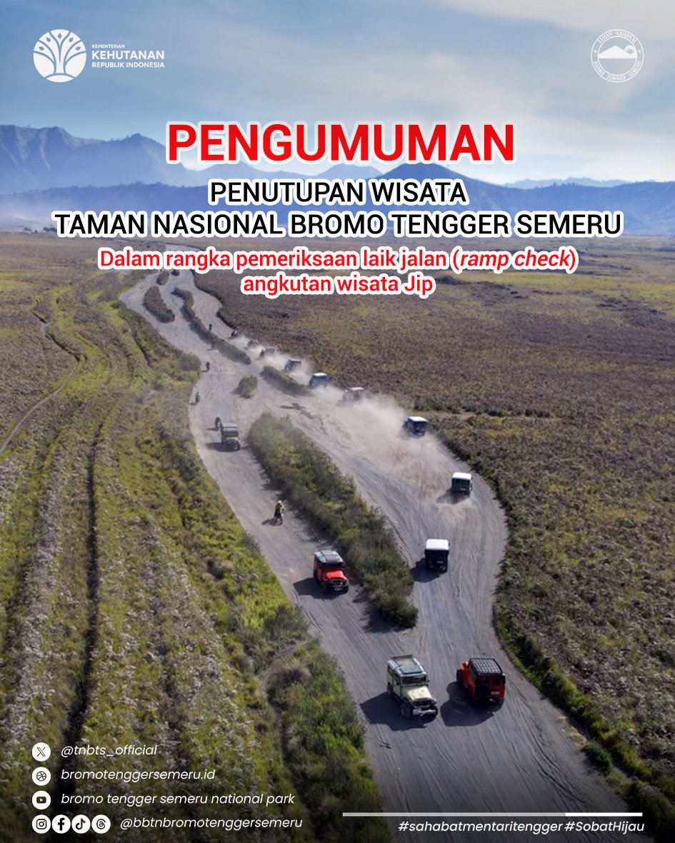 tnbts_official's tweet photo. Info Penting Buat #sahabatmentaritengger yang Mau ke Bromo nih!

Tanggal 30 September &amp; 1 Oktober 2025, wisata ke Bromo lewat Jemplang Kabupaten Malang dan Wonokitri Kabupaten Pasuruan bakal ditutup dulu ya. Karena ada pemeriksaan kelayakan jip wisata (Ramp Check). https://t.co/Hp6sLKkj2h
