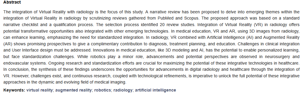 RoboticsMDPI's tweet image. 📖 Radiological Crossroads: Navigating the Intersection of Virtual Reality and Digital Radiology through a Comprehensive Narrative Review of Reviews 
✍ By Andrea Lastrucci and Daniele Giansanti
👉mdpi.com/2218-6581/13/5…
#Robotics  #virtualreality  #augmentedreality #radiology