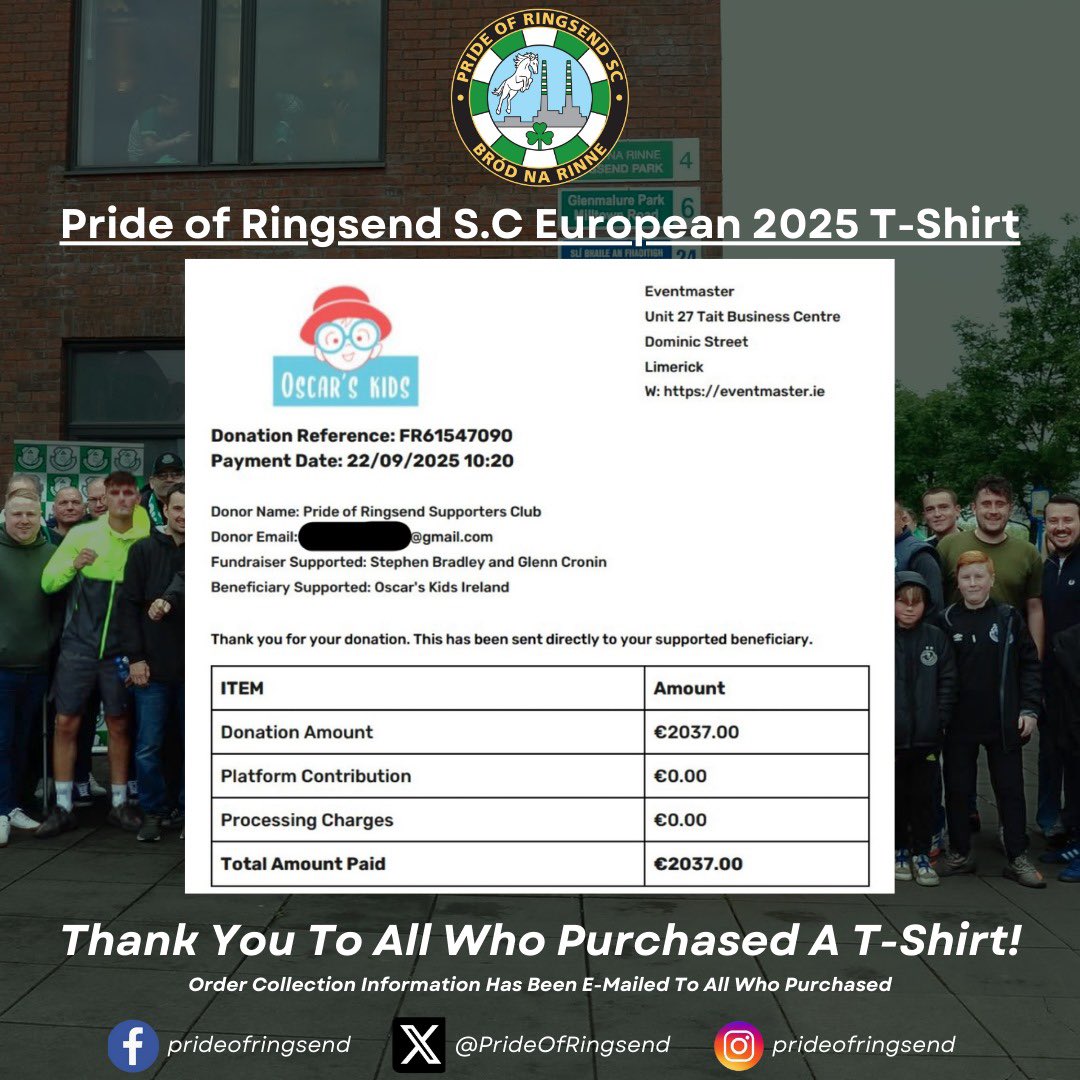 We are delighted to announce that a total of 180 T-shirts were sold. Due to a knock-on reduction in production costs &amp; an additional contribution from the SC, a total of €2,035.76 is going to Oscar’s Kids!

Collection details have been sent via email and a huge thanks to all💚