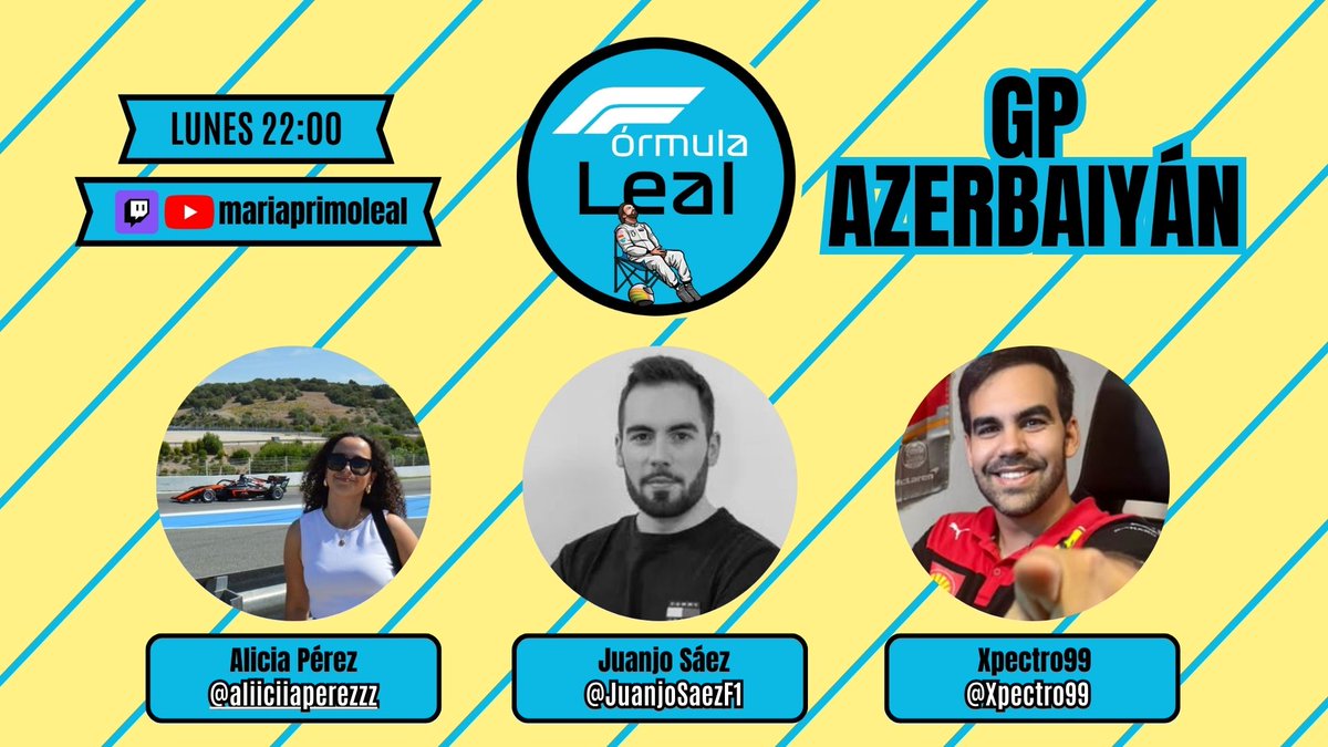 María Primo Leal 🏁 (@mariaprimoleal) on Twitter photo 🟡 Es lunes de Fórmula Leal y vamos a hablar de todo lo que ha pasado en Baku 👀 El podio de Carlos, las posibilidades de Verstappen... Lo analizamos con 👇🏻
🔹 <a href="/aliiciiaperezzz/">Alicia Pérez 💨</a>
🔹 <a href="/JuanjoSaezF1/">Juanjo Sáez</a>
🔹 <a href="/Xpectro99/">Xpectro99</a>
Os esperamos a las 22h con la realización de <a href="/TopRacingTV/">Top Racing TV</a> 💛 🟡 Es lunes de Fórmula Leal y vamos a hablar de todo lo que ha pasado en Baku 👀 El podio de Carlos, las posibilidades de Verstappen... Lo analizamos con 👇🏻
🔹 <a href="/aliiciiaperezzz/">Alicia Pérez 💨</a>
🔹 <a href="/JuanjoSaezF1/">Juanjo Sáez</a>
🔹 <a href="/Xpectro99/">Xpectro99</a>
Os esperamos a las 22h con la realización de <a href="/TopRacingTV/">Top Racing TV</a> 💛