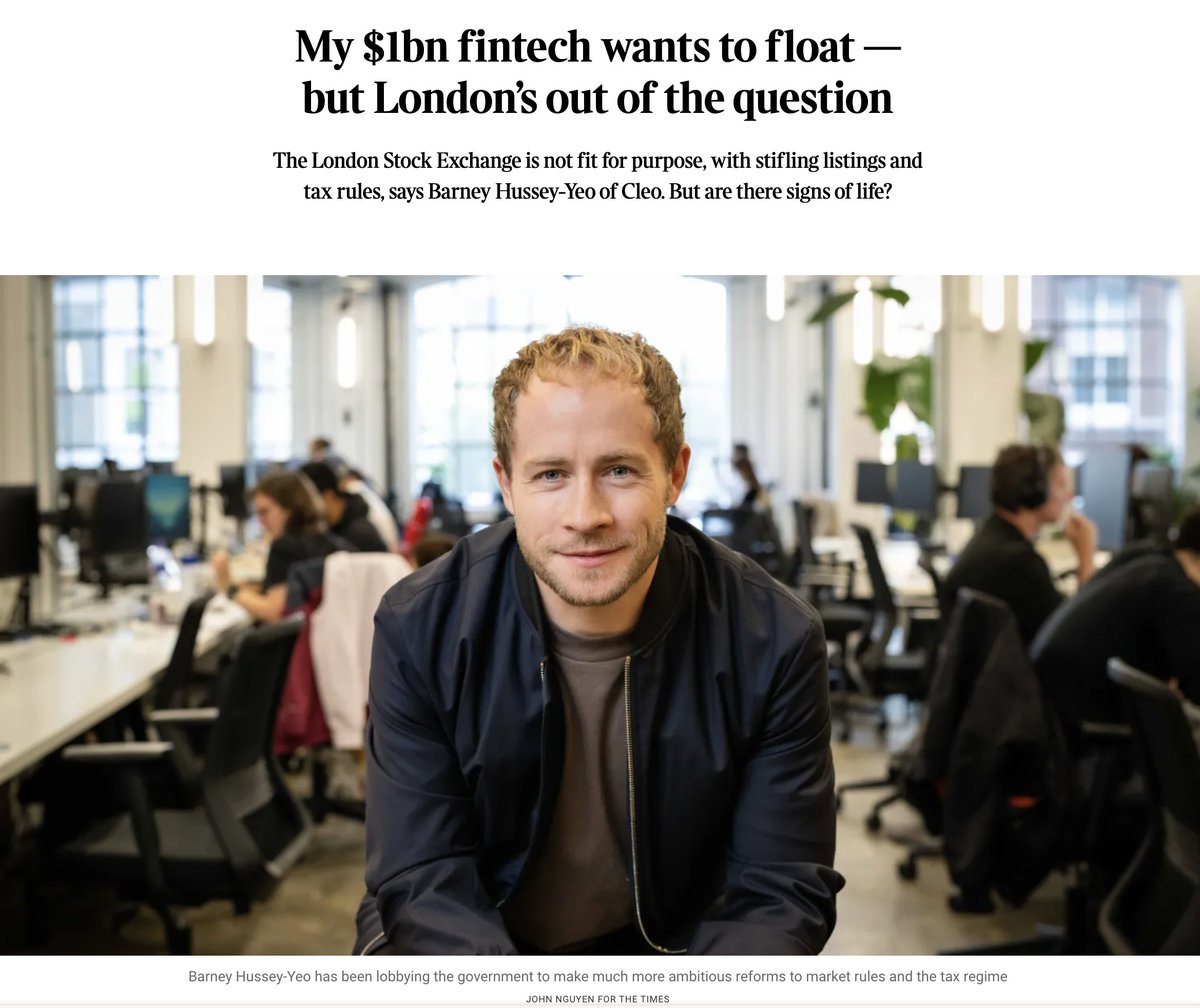 Barney_H_Y's tweet image. Featured in The Times today on why UK tech won't list in London. Here's what needs to change:
"Does it matter if UK tech lists on Nasdaq rather than the LSE?"
Absolutely.
As a founder, when growth capital and public market demand concentrate elsewhere, you optimise for where…