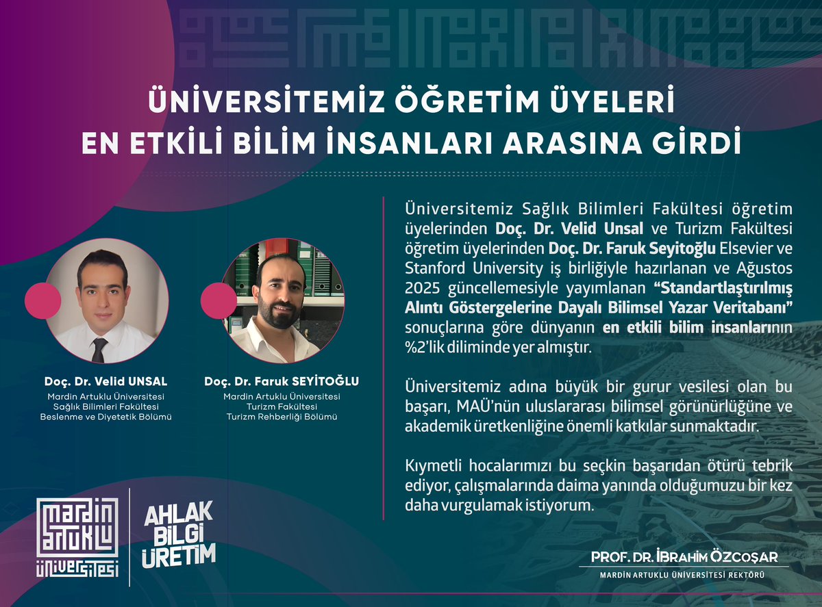 Üniversitemiz Sağlık Bilimleri Fakültesi öğretim üyelerinden Doç. Dr. Velid Unsal ve Turizm Fakültesi öğretim üyelerinden Doç. Dr. Faruk Seyitoğlu Elsevier ve Stanford University iş birliğiyle hazırlanan ve Ağustos 2025 güncellemesiyle yayımlanan “Standartlaştırılmış Alıntı