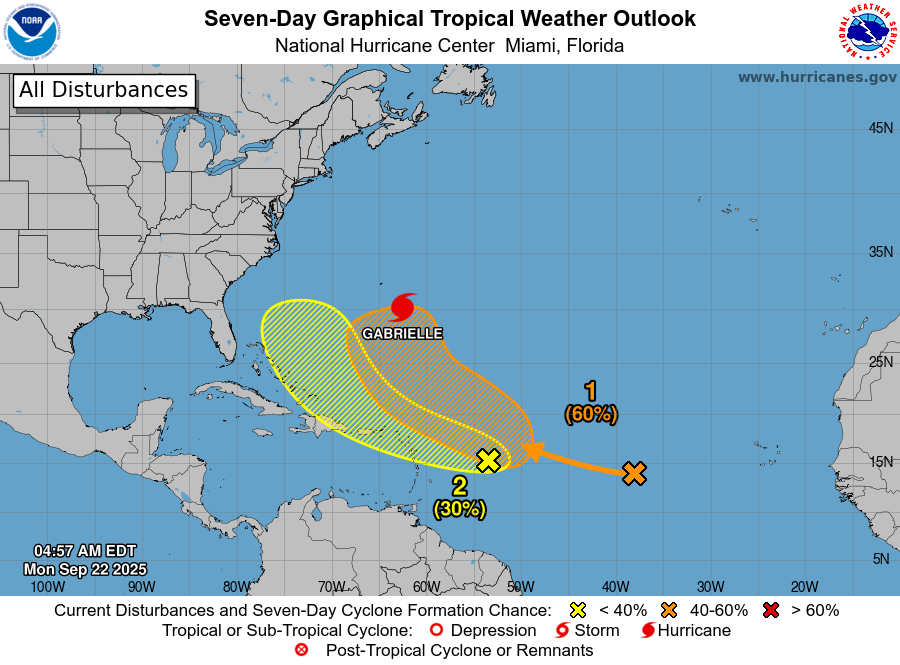 #22Sep A las 5am teníamos al Huracán GABRIELLE categoría 1 a 335 km al sureste de Bermudas con vientos máximos sostenidos de 150 km/h. Recordemos que este sistema no representa ningún riesgo para Venezuela. Asimismo, las ondas tropicales 38 y 39 de la temporada tienen 20% y 60%