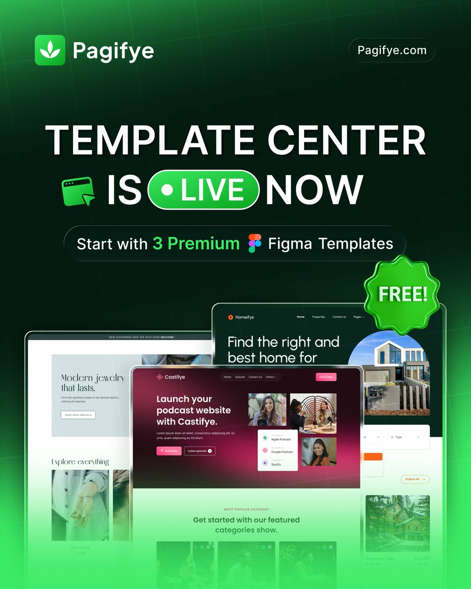pagifye's tweet image. 𝗣𝗮𝗴𝗶𝗳𝘆𝗲’𝘀 𝗧𝗲𝗺𝗽𝗹𝗮𝘁𝗲 𝗖𝗲𝗻𝘁𝗲𝗿 𝗶𝘀 𝗟𝗶𝘃𝗲 𝗡𝗼𝘄
Start strong with 3 premium Figma templates for free.

Grab your free templates today
Visit Now: pagifye.com/templates

#figma #freetemplates #templatecenter #uidesign #realestate #ecommerce #podcast #nocode