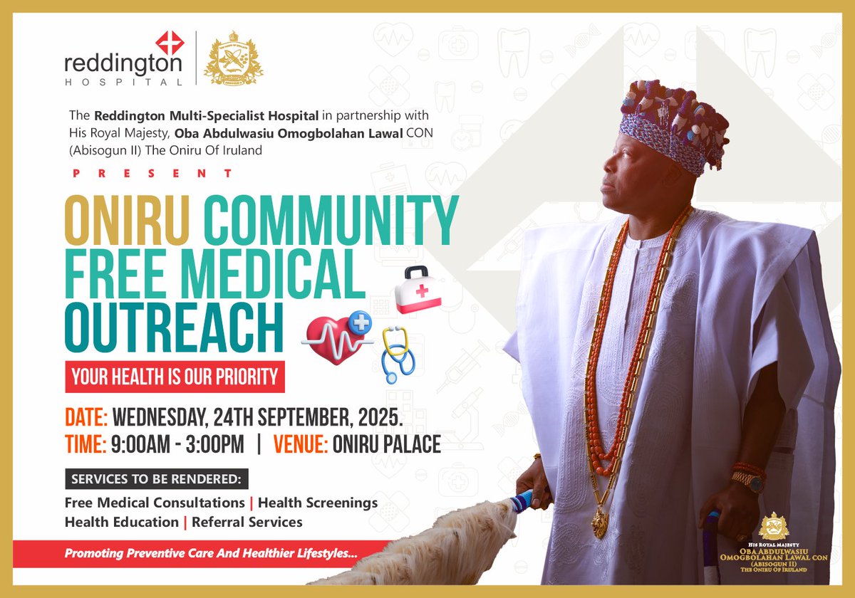 In line with the #LeGIT Vision for Iru Kingdom, I am pleased to announce our partnership with Reddington Multispecialist Hospital @reddingtonlagos to host a Community Medical Outreach for the good people of Iruland.

This initiative will provide free medical consultations,