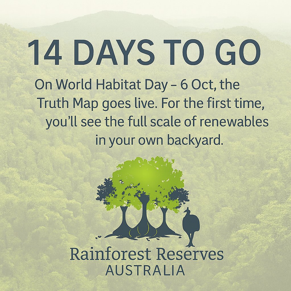 14 days until Australians can search the Truth Map: 📍 31,000 wind turbine towers 📍 150+ million grid solar panels 📍 44,000 km of roads 📍 $1.38 trillion in costs - What is planned near you?  Find out on World Habitat Day - October 6. Follow us for updates: