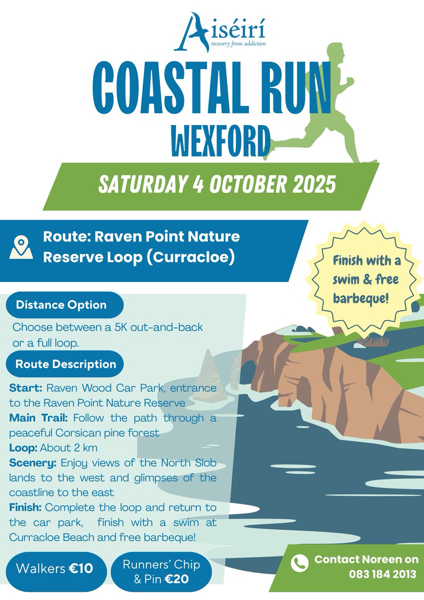 🌊🏃 Join Aiséirí's 1st Coastal Run in Wexford! A scenic 5K through Raven Wood with sea views, finishing at Curracloe Beach with a swim and BBQ. Book via Eventbrite or call 083 1842013! #CoastalRun #AiséiríEvents