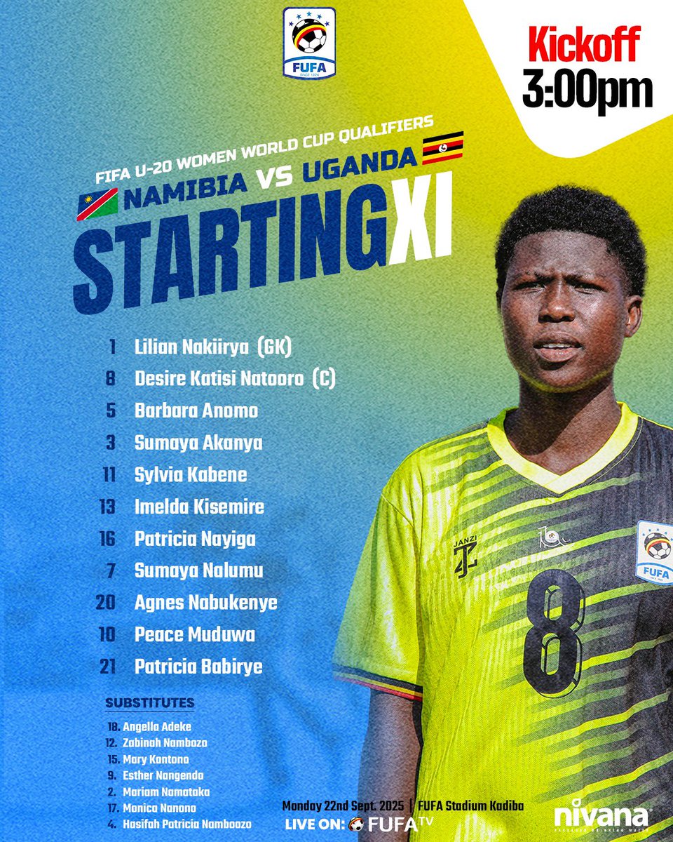 Queen Cranes (Uganda U-20 Women’s National Team) starting XI against Namibia.

FIFA U-20 Women World Cup Qualifiers

Kick off — 3:00 PM

#NAMUGA | #FIFAU20WWCQ