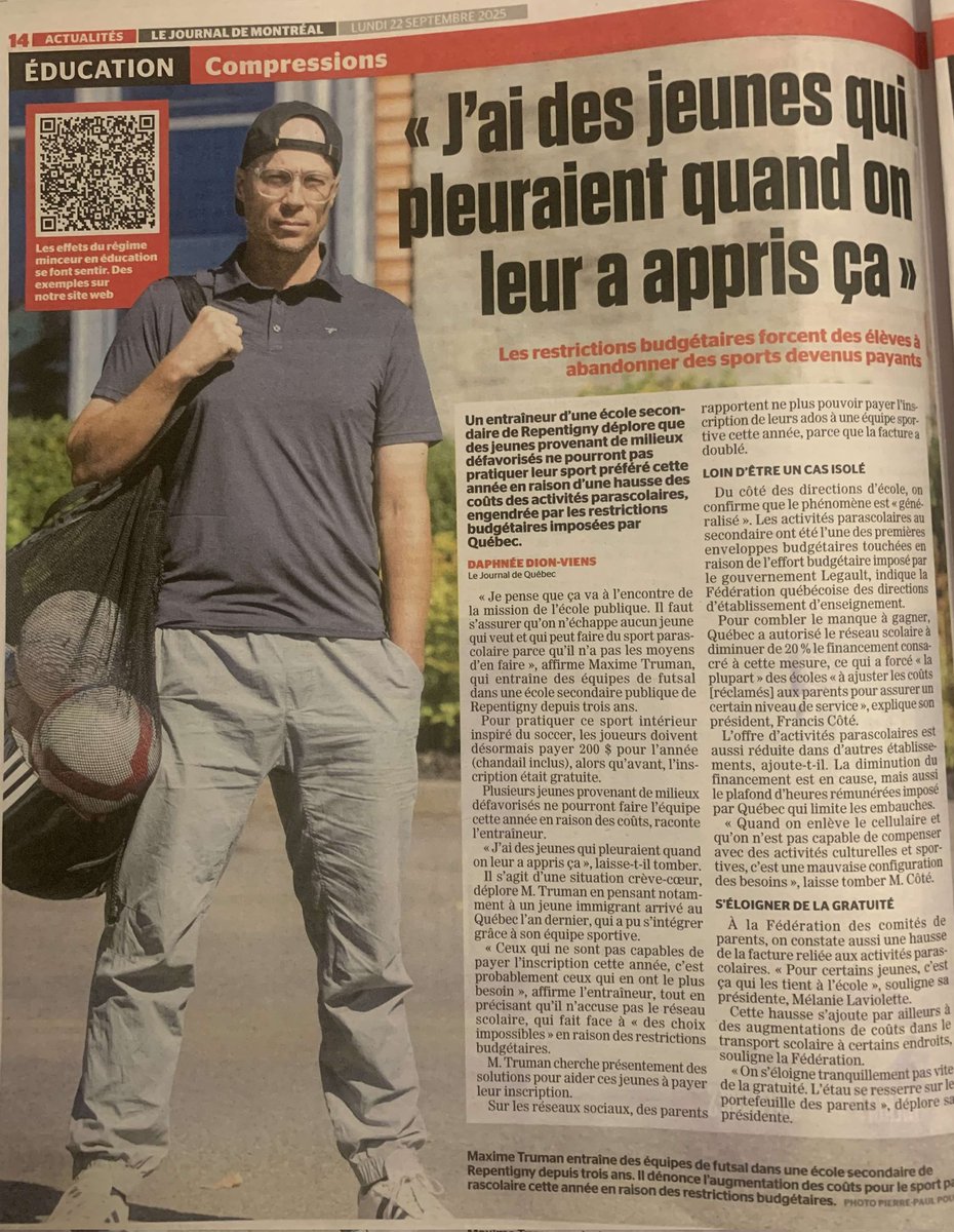 Merci au <a href="/JdeMontreal/">Le Journal de Montréal</a> de bien vouloir parler des jeunes qui ne pourront pas faire de sport parascolaire cette année suite aux coupures budgétaires du gouvernement. 💪