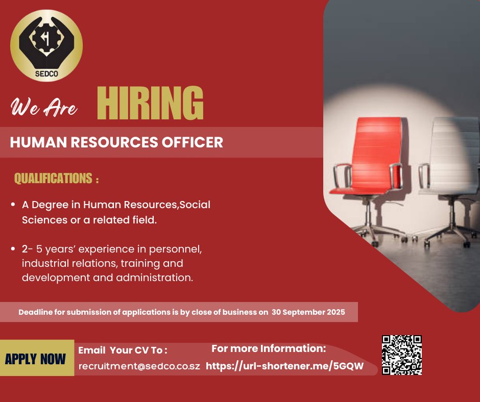 📢 SEDCO is Hiring: Human Resources Officer 📢

➡️ Learn more about this exciting career opportunity here: url-shortener.me/5GQW
➡️ Submit your application here: recruitment@sedco.co.sz
➡️Deadline for Applications is 30th September