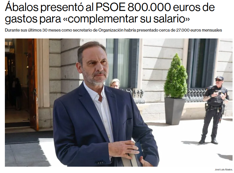 800 000€ en menos de tres años por dietas. Normal que Ábalos se pusiera generoso de cintura durante aquella época.

Y en el PSOE aceptando las dietas con naturalidad, mientras que a ti Hacienda le quita un café a medio día a un autónomo porque es un gasto excéntrico.

No hay
