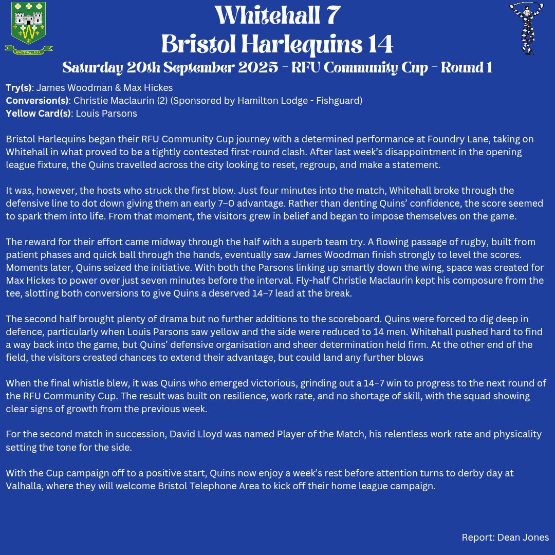 📋 Match Report | RFU Community Cup – Round 1

Quins bounce back with a 14–7 victory at Whitehall! 💪 Tries from James Woodman &amp; Max Hickes, both converted by Christie Maclaurin.

👉 Read more here!
🔵⚫️⚪️
#BristolHarlequinsRFC #COYQ