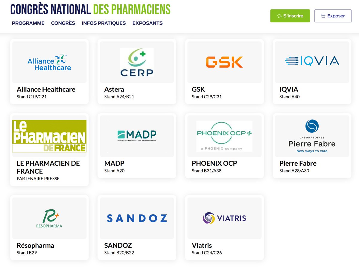 🔎 **Découvrez la liste complète de nos partenaires et exposants** :
👉 Leur numéro de stand
👉 Leur site internet
👉 Et un classement par secteur d’activité pour tout retrouver en un clin d’œil !

tinyurl.com/2b97au6k

🎯Lyon 11/12 Octobre 2025

congresdespharmaciens.org/@CNDPharmaciens #CNDP