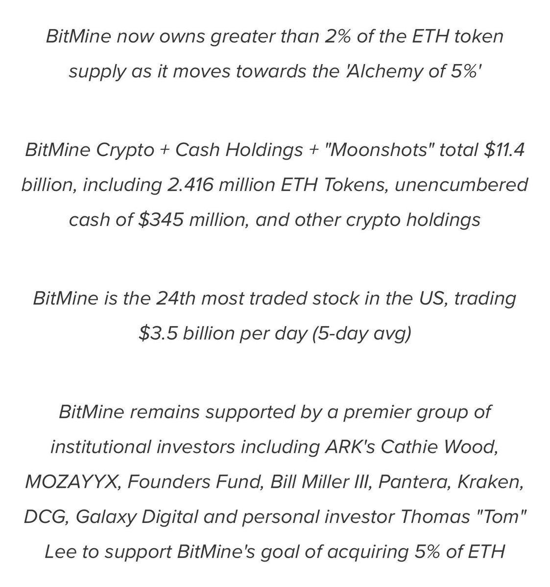 FilingTracker's tweet image. $BMNR BitMine Immersion (BMNR) Announces ETH Holdings Exceed 2% of Ethereum Network With ETH Holdings Exceeding 2.4 Million Tokens and Total Crypto and Cash Holdings of $11.4 Billion:

prnewswire.com/news-releases/…