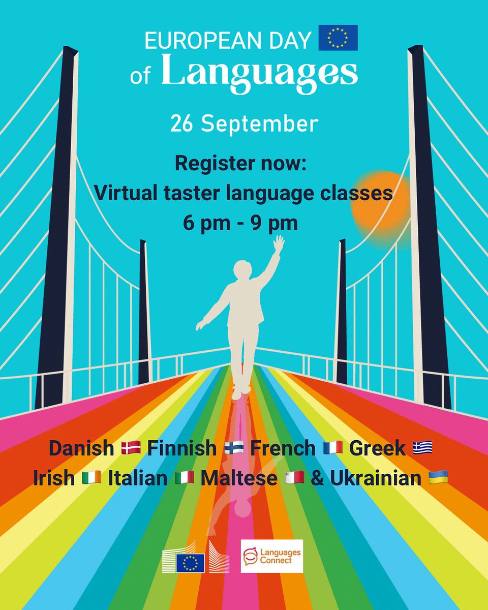 🎉 Celebrate European Day Of Languages with us!

🎓 Free 20-min tasters in Danish, Finnish, French, Greek, Irish, Italian, Maltese &amp; Ukrainian.

🌐 Fri, 26 Sept | 18:00–21:00
Online via Zoom

📩 Register to get your Zoom link:europa.eu/!dd3d8W

#EDlangs
