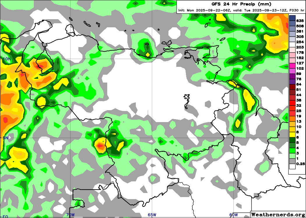EstebanWXcast's tweet image. Venezuela, precipitación acumulada en 24 hrs, terminada a 08:00 HLV del 23SEP25, según GFS, ICON, GEM y ECMWF. Previsión de conjuntos GFS y ECMWF, precipitaciones más probables en sur de Zulia, Llanos occidentales, Barlovento y litoral de Anzoátegui, S/Bolívar y N/Amazonas.