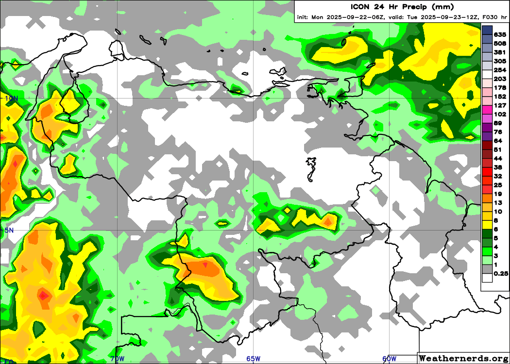 EstebanWXcast's tweet image. Venezuela, precipitación acumulada en 24 hrs, terminada a 08:00 HLV del 23SEP25, según GFS, ICON, GEM y ECMWF. Previsión de conjuntos GFS y ECMWF, precipitaciones más probables en sur de Zulia, Llanos occidentales, Barlovento y litoral de Anzoátegui, S/Bolívar y N/Amazonas.