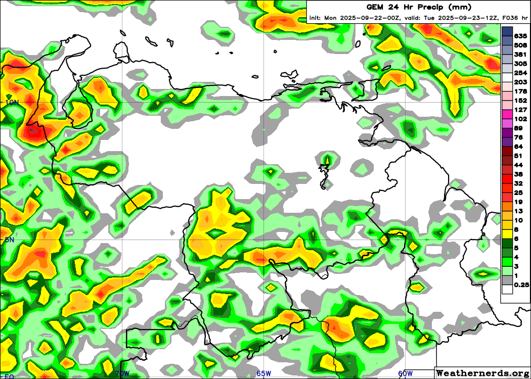 EstebanWXcast's tweet image. Venezuela, precipitación acumulada en 24 hrs, terminada a 08:00 HLV del 23SEP25, según GFS, ICON, GEM y ECMWF. Previsión de conjuntos GFS y ECMWF, precipitaciones más probables en sur de Zulia, Llanos occidentales, Barlovento y litoral de Anzoátegui, S/Bolívar y N/Amazonas.