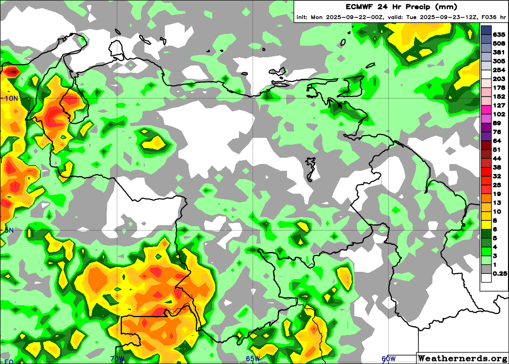 EstebanWXcast's tweet image. Venezuela, precipitación acumulada en 24 hrs, terminada a 08:00 HLV del 23SEP25, según GFS, ICON, GEM y ECMWF. Previsión de conjuntos GFS y ECMWF, precipitaciones más probables en sur de Zulia, Llanos occidentales, Barlovento y litoral de Anzoátegui, S/Bolívar y N/Amazonas.