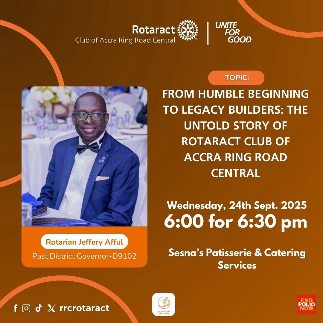 🗓️ Happening this Wednesday!
Join us on Sept 25 @ 6PM (for 6:30PM) as we host PDG Jeffery Afful to explore the legacy of the Rotaract Club of Accra Ring Road Central 🌍

Discover how it all began. Don’t miss it!

#RotaractRRC #LegacyTalk #Rotary9102 #RotaractGhana