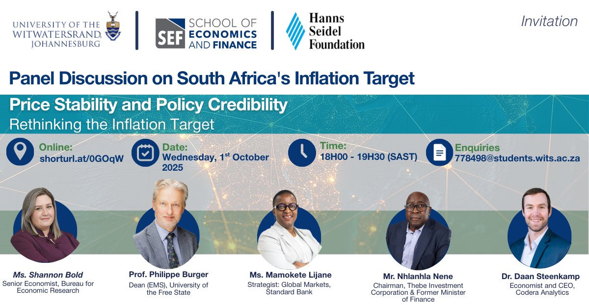 In partnership with the Hanns Seidel Foundation, join market leaders to discuss the potential implications of a 3% inflation target proposed by the SARB for South Africa. 

🗓️ Date: Wednesday, October 1, 2025
⏰ Time: 18H00 - 19H30 (SAST)
🔗 Online: shorturl.at/0GOqW
