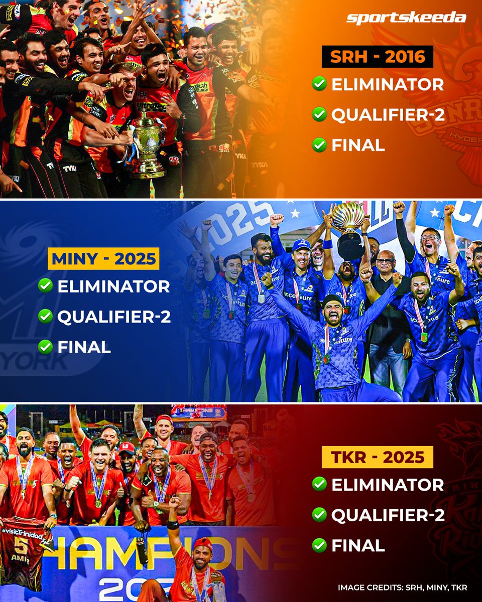 Sportskeeda's tweet image. Trinbago Knight Riders became the third IPL franchise-owned team to lift a trophy after coming through the Eliminator! 🏏👏🏆

#TKR #CPL2025 #NicholasPooran #Sportskeeda