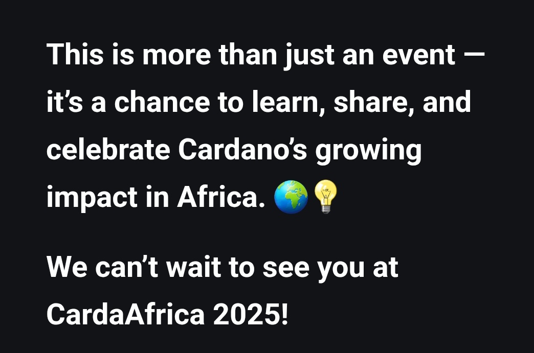 Let's get ready to the <a href="/card_africa/">CardAfrica</a> 2025🥰
<a href="/Catalyst_onX/">Project Catalyst</a> <a href="/gomadrep/">GOMA || SPO || DRep</a> <a href="/Tokenmithr/">Token Mithrandir</a> <a href="/CardanoGirls/">CardanoGirls</a> <a href="/Cardano/">Cardano Community</a>