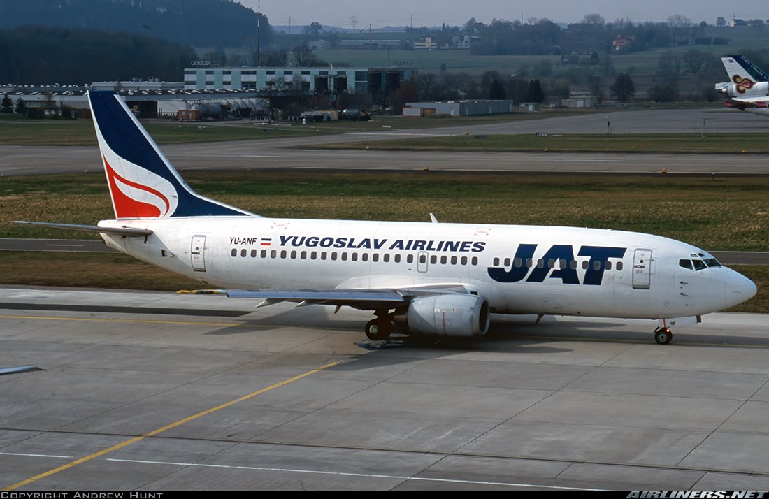 n194at's tweet photo. JAT - Yugoslav Airlines
Boeing 737-3H9 YU-ANF
ZRH/LSZH Zurich Airport
Early 2000s
Photo credit Andrew Hunt
#AvGeek #Aviation #Airline #AvGeeks
#Boeing #B37 #JAT #ZRH #Zurich
@zrh_airport https://t.co/irIdEDbkQD