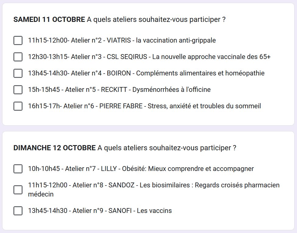 Ateliers partenaires : attention, places limitées !

1. Ateliers CNDP : vivez l’innovation en direct.**
2. Tester, apprendre, innover.**
3. Des idées qui deviennent solutions.**
4. Les ateliers où la pharmacie de demain s’invente.**

tinyurl.com/4rhh352b

<a href="/CNDPharmaciens/">Congrès National des Pharmaciens</a> #CNDP