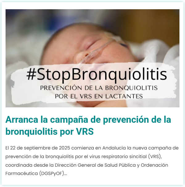 🍼 Hoy da comienzo en Andalucía la campaña #StopBronquiolitis 2025-26.

👉 Protege a lactantes menores de 6 meses y a niños de hasta 2 años con patologías de muy alto riesgo frente al VRS.

🛡️Una sola dosis
🛡️ Seguro y eficaz
🛡️ +80% menos ingresos hospitalarios
🛡️Seguro y eficaz