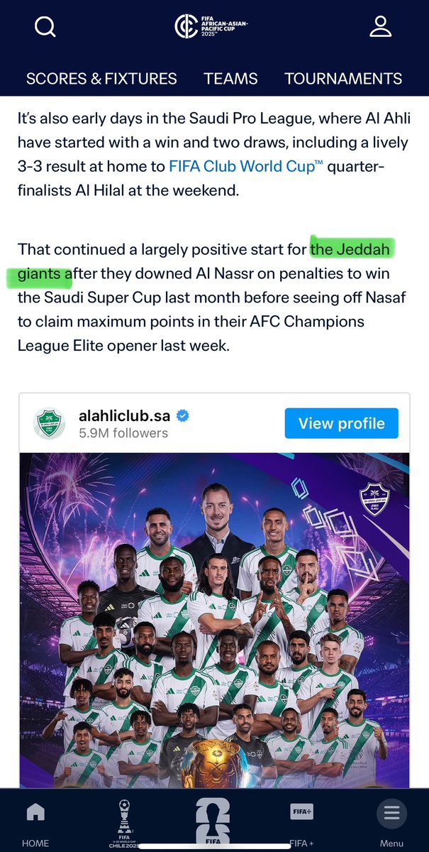 🟢 Jeddah Giants

اللقب المُفضل لدى الاتحاد الدولي الرسمي FIFA عندما يريد الحديث عن النادي #الاهلي فانه يصفه بالعملاق السعودي وعملاق جدة ، حدث ذلك في مناسبات عديدة وقبل ان يحقق الاهلي البطولة الاسيوية.

🔘 اليوم تحدث عن فرصة الاهلي القارية 
فوصفه بعمالقة السعودية وعمالقة جدة