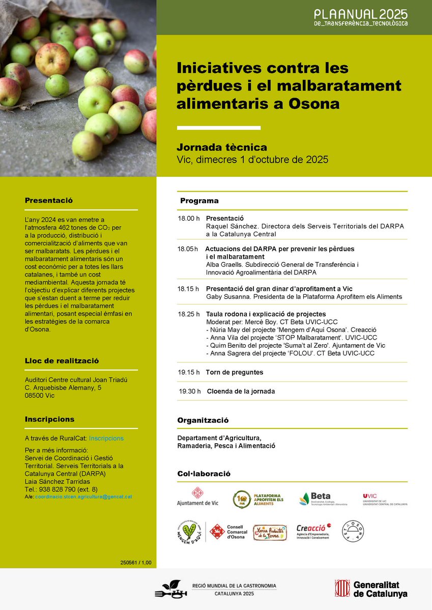 ♻️ Iniciatives contra les pèrdues i el malbaratament alimentaris a Osona.

▶️ Jornada #PATT sobre els impactes socials, econòmics i ambientals del malbaratament alimentari.

🗓 1 d’octubre, 18 h
📍 Centre cultural Joan Triadú, Vic
📝 Inscripcions: bit.ly/47QZ8HB