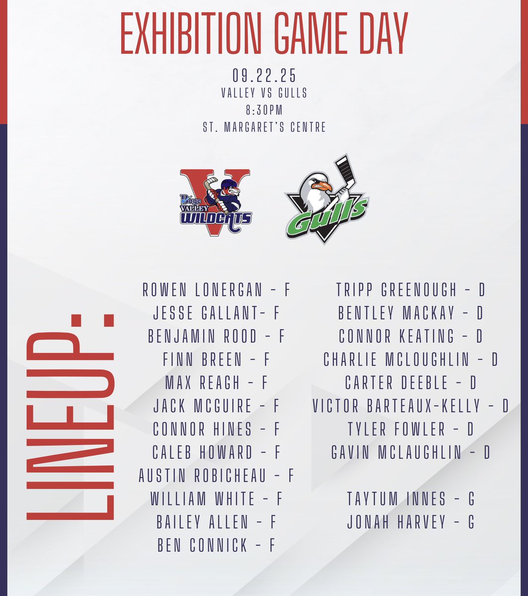 GAMEDAY!

We wrap up Phase 2 tonight in Tantallon as we visit the Gulls for the first time this pre-season.

Puck drop at 8:30pm!