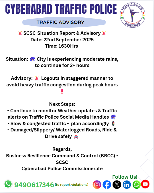 CYBTRAFFIC's tweet photo. Stay Safe – Stay Alert
Follow Traffic Rules
Drive Slow & Cautious
Avoid Low-Lying / Waterlogged Areas
Plan Extra Travel Time
Your safety is our priority.
@scsc @cyberabadpolice
#cyberabadtraffic #rainfallalert #precautions #staysafe #roadsafety #CYBTRAFFIC https://t.co/gsHYiYIig6