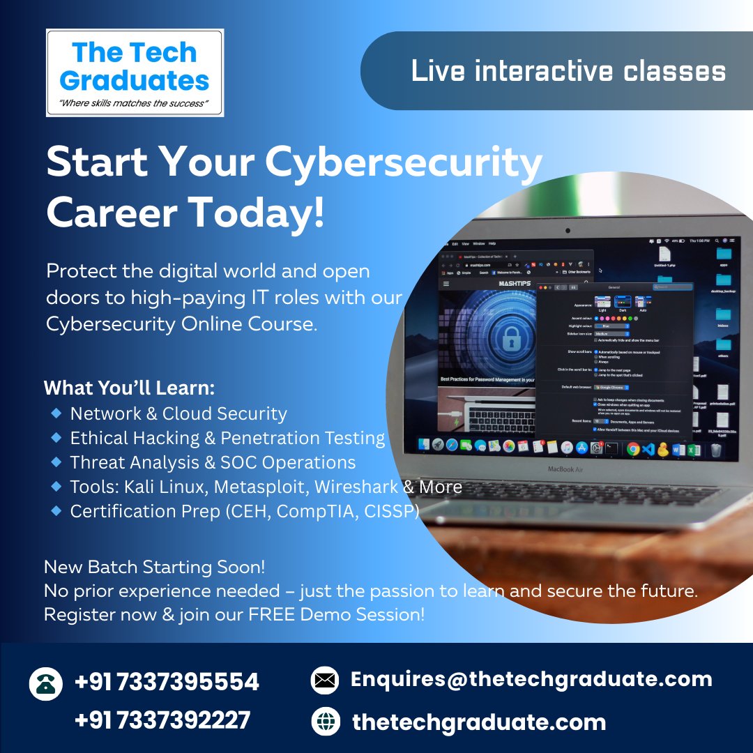 theTechGraduate's tweet image. Start Your Cybersecurity Career Today!
Protect the digital world and open doors to high-paying IT roles with our Cybersecurity Online Course.
📲 Call/WhatsApp: +91 7337395554
📧 Email: Enquires@thetechgraduate.com
🌐 Join Today → thetechgraduate.com