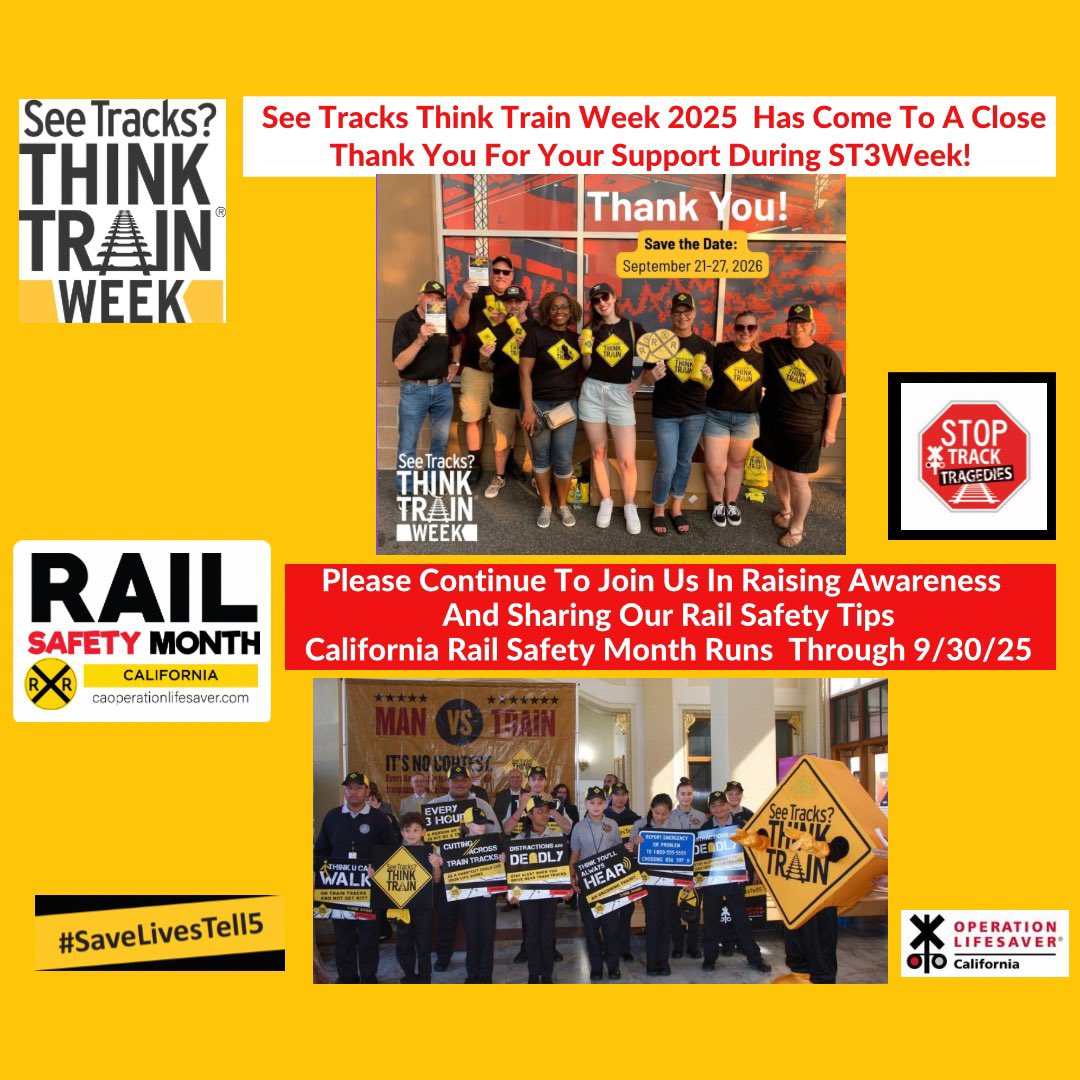 We’re grateful for your support during #SeeTracksThinkTrainWeek! California #Rail SafetyMonth continues thru 9/30/25! Let’s keep the conversation going share our  #RailSafetyEdu tips, with throughout the month and through the year. Together we  #StopTrackTragedies #SaveLivesTell5