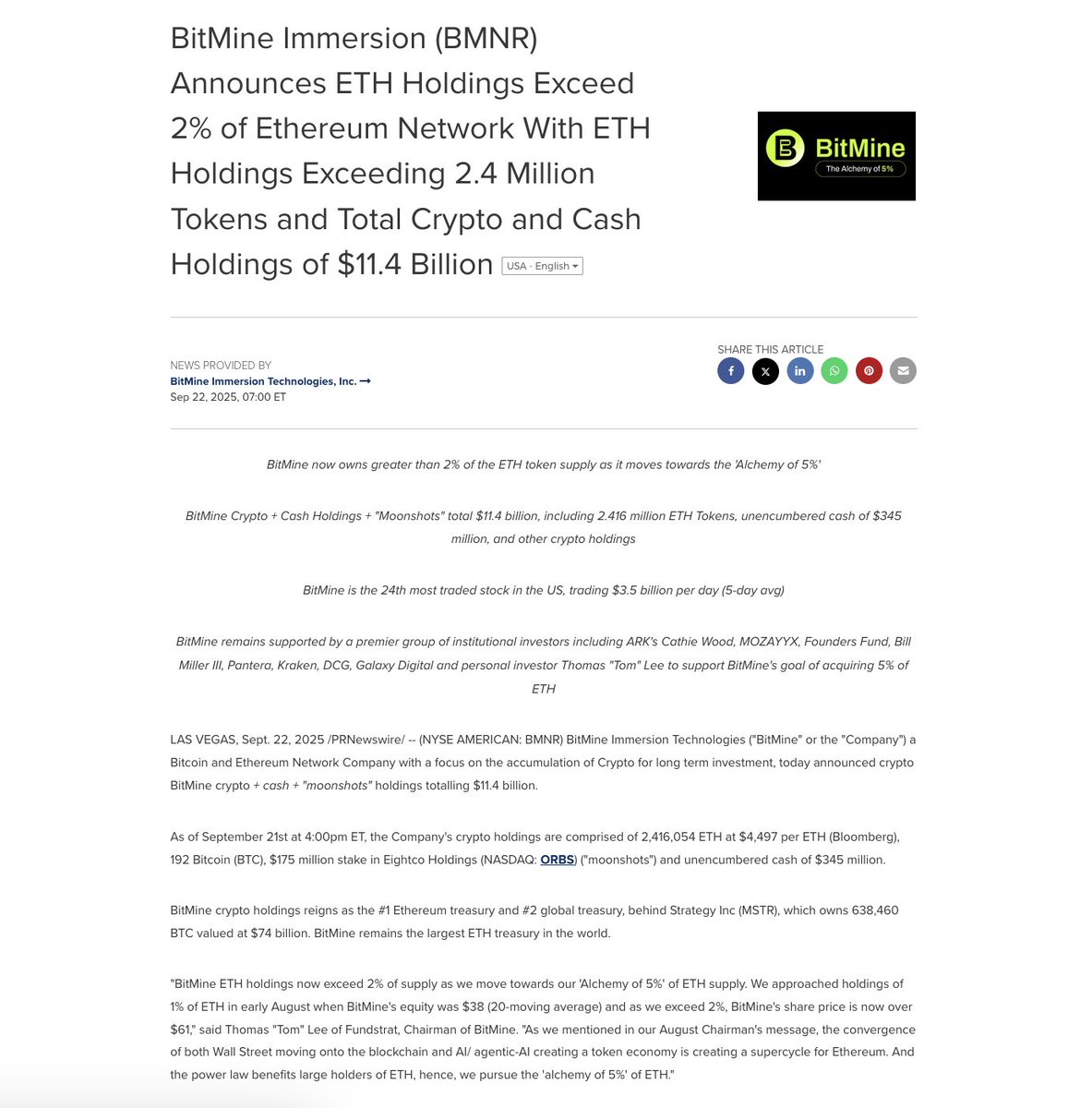 TOM LEE AND $BMNR NOW OWN MORE THAN 2% OF THE TOTAL ETHEREUM SUPPLY
