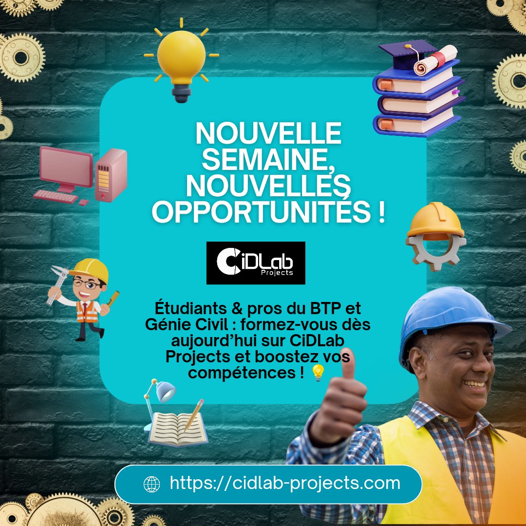 cidlab_projects's tweet image. Nouvelle semaine, nouvelles opportunités !
Étudiants & pros du BTP et Génie Civil : formez-vous dès aujourd’hui sur CiDLab Projects et boostez vos compétences ! 💡
#CiDLabProjects #FormationEnLigne #BTP #GénieCivil #Architecture #Ingénierie #Compétences #Elearning