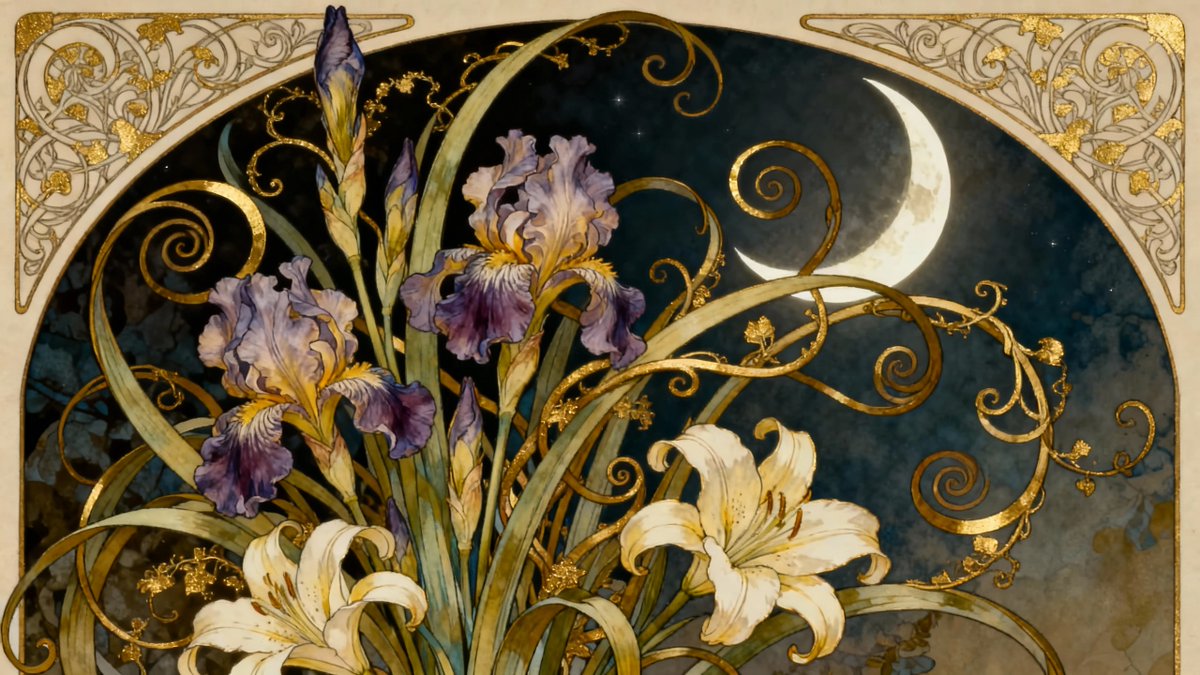 222TT222's tweet image. Irises rendered in Art Nouveau style: Thank you @BeanieBlossom, thank you @Runtelart. I tested the superb prompt with Doubao and Flux both in AIPAI.ai (@AIpai_AI), as well as with @midjourney (Global V7 Profile). #アイリス