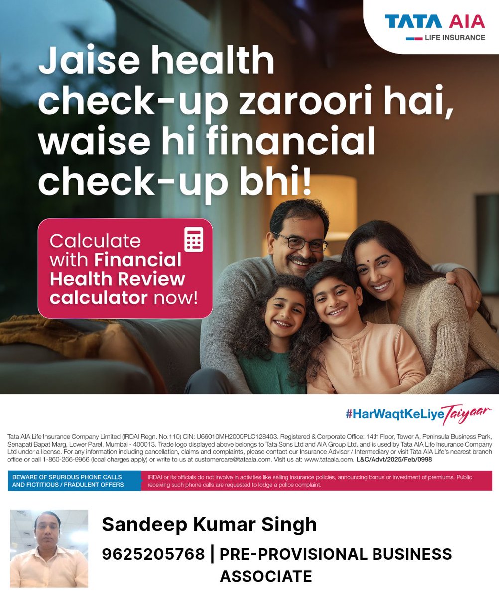 sandeepksingh_'s tweet image. Calculate with Financial Health Review calculator now -
 sandeepkumarsingh7.tataaiapartner.com/?tid=dqmh5

Sandeep Kumar Singh
9625205768