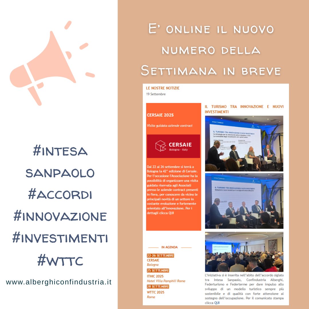 E' online il nuovo numero della SIB:
#INVESTIMENTI
#ACCORDI
#INTESASANPAOLO
#EVENTI
Leggi la SIB al seguente link alberghiconfindustria.it/tema/news/noti…
