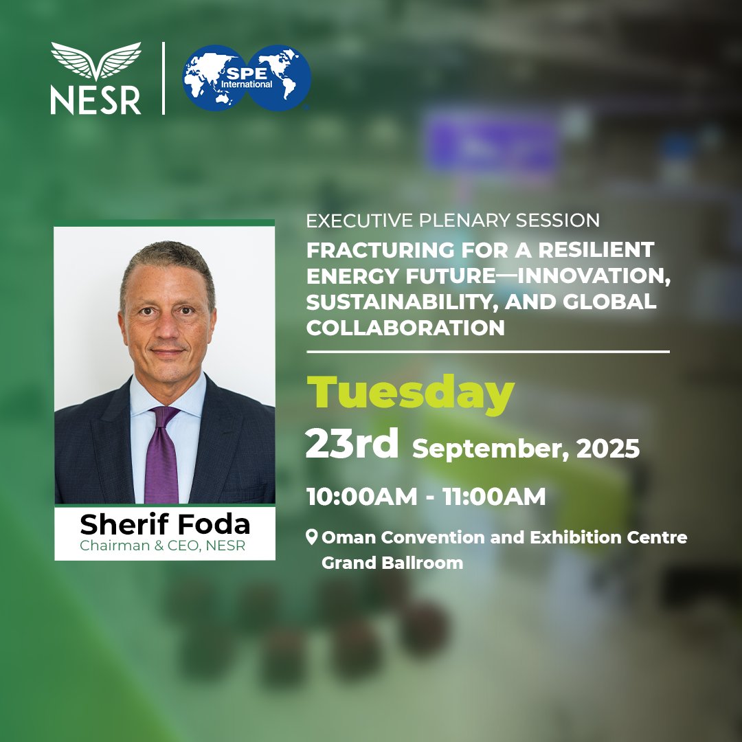Tomorrow from 10-11am, catch Sherif Foda, our Chairman and CEO, as he takes the stage for the panel 'Fracturing for a Resilient Energy Future' at Oman's SPE International Hydraulic Fracturing Technology Conference &amp; Exhibition.

#NESR #Leadership #SPEHFTC #EnergyFuture