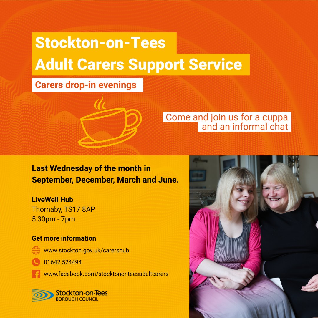 🫂Are you a carer in Stockton on Tees? Did you know that Stockton-on-Tees Adult Carers' Support Service have a informal drop in service, every last Wednesday of the month for carers.
☕Call in for a cuppa and a chat, see below for further details ⬇️