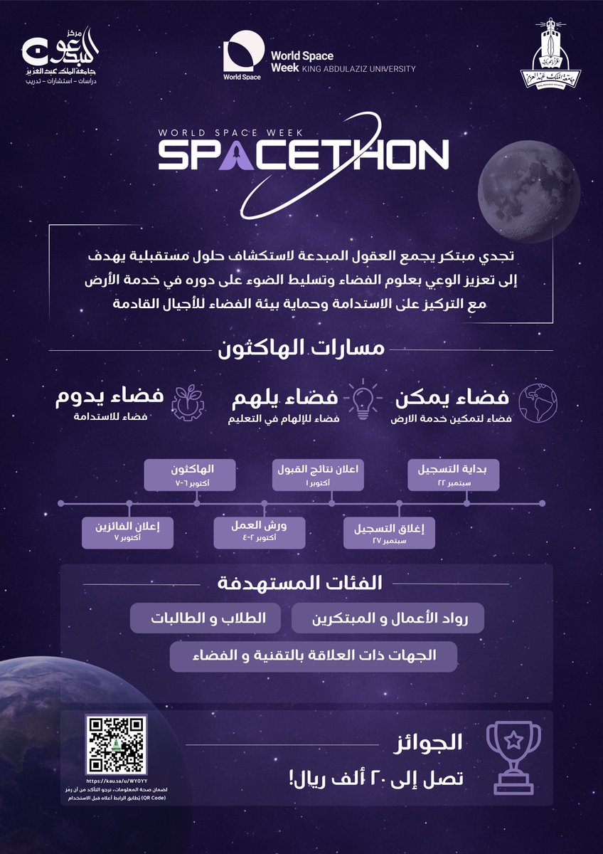 kauedu_sa's tweet image. جاهز لتنطلق؟
ضمن احتفال #أسبوع_الفضاء_العالمي بجامعة الملك عبدالعزيز، #Spacethon
يجمع المبدعين لإيجاد حلول تقنية وعلمية تخدم البشرية عبر الفضاء.
سجل الآن وكن جزءًا من صناعة المستقبل 🌌
⏳ آخر موعد للتسجيل: ٢٧ سبتمبر
kau.sa/u/WY0YY
#جامعة_الملك_عبدالعزيز
#KAU