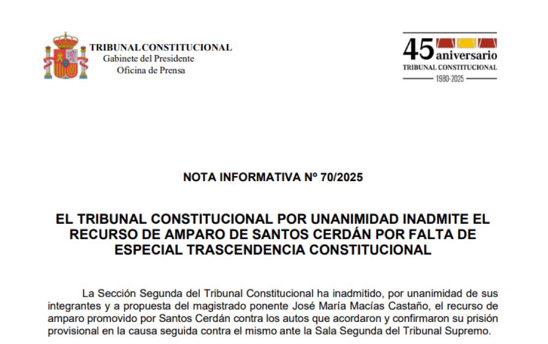 🇪🇸 | #ÚltimaHora El Tribunal Constitucional inadmite por unanimidad el recurso de amparo de Santos Cerdán por falta de especial trascendencia constitucional.