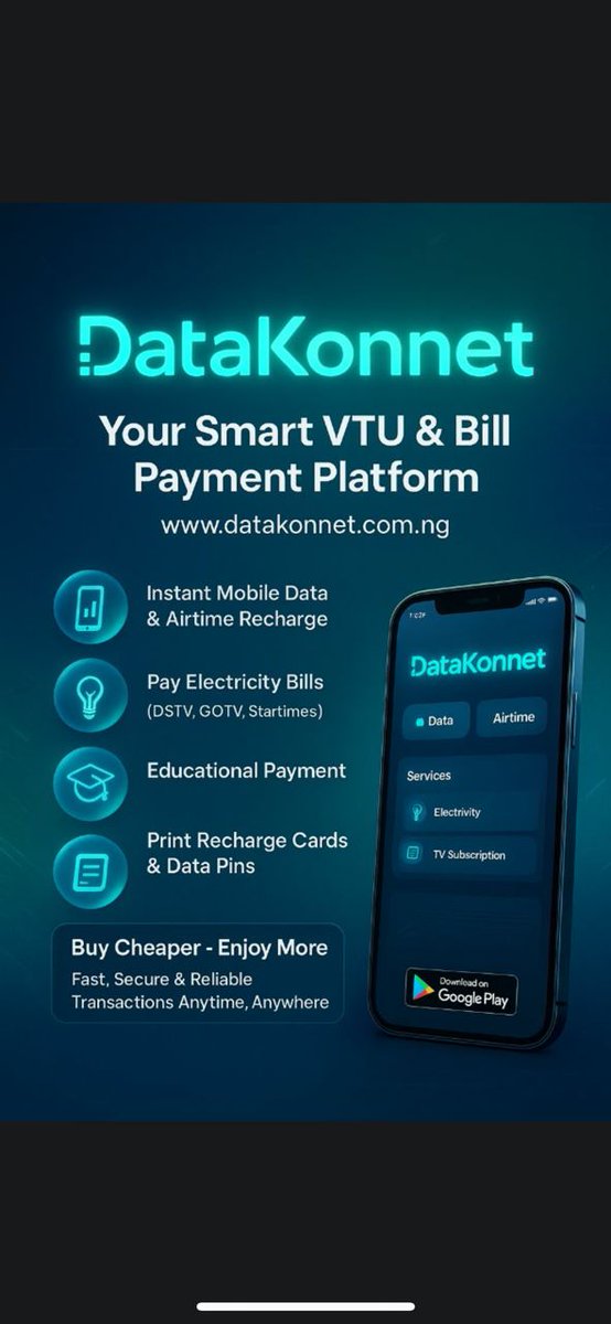 Datakonnet1's tweet image. Stop Paying Extra for Airtime &amp;amp; Data

Instant VTU Top-Up anytime, anywhere 🚀

✅ Buy Airtime &amp;amp; Data (MTN, Glo, Airtel, 9mobile) at cheaper rates
✅ Pay Utility Bills (PHCN, GOTV, DSTV, Startimes).
✅ WAEC, JAMB, and Recharge Pins available
✅ Fast, secure &amp;amp; reliable platform 🔒