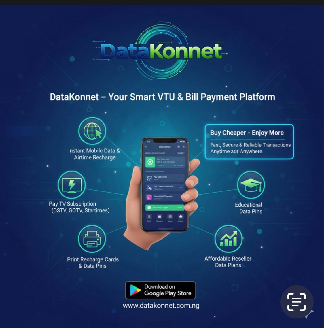 Datakonnet1's tweet image. Stop Paying Extra for Airtime &amp;amp; Data

Instant VTU Top-Up anytime, anywhere 🚀

✅ Buy Airtime &amp;amp; Data (MTN, Glo, Airtel, 9mobile) at cheaper rates
✅ Pay Utility Bills (PHCN, GOTV, DSTV, Startimes).
✅ WAEC, JAMB, and Recharge Pins available
✅ Fast, secure &amp;amp; reliable platform 🔒